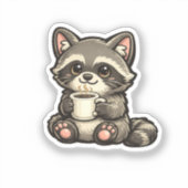 かわいいアライグマとコーヒー - ほっこり可愛い動物 シール (正面)