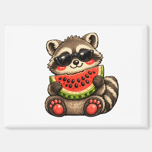かわいいアライグマとスイカ マグネット (正面)