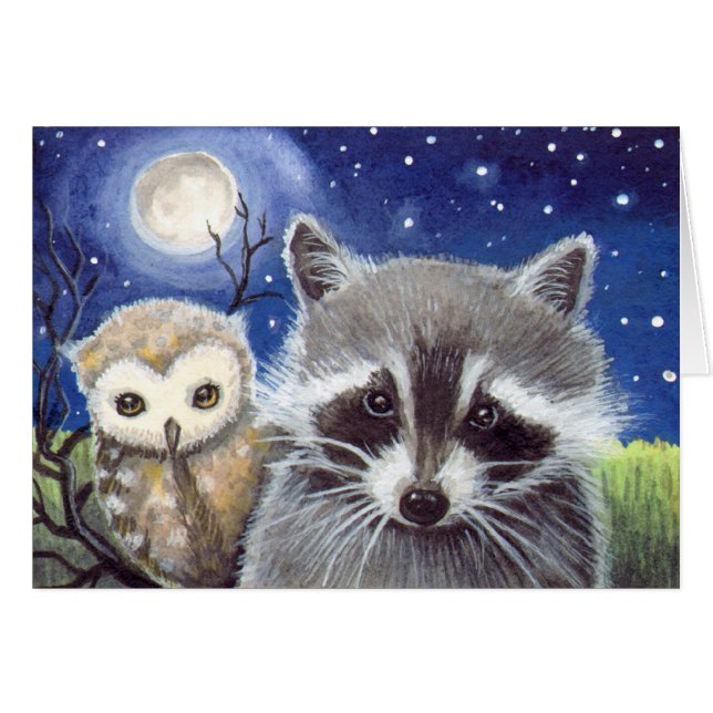 かわいいアライグマとフクロウのファンタジーアート (正面横)