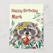 かわいいアライグマとリンゴハッピーバースデー シーズンポストカード (正面)