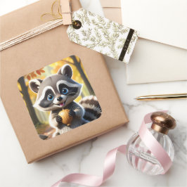 かわいいアライグマのどんぐり持ちデザイン スクエアシール