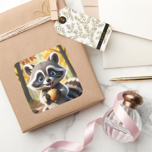 かわいいアライグマのどんぐり持ちデザイン スクエアシール (ギフト)