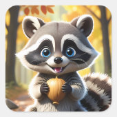 かわいいアライグマのどんぐり持ちデザイン スクエアシール (正面)