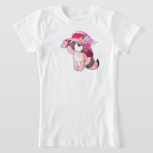 かわいいアライグマのイラストとチョウチョのデザイン |  Tシャツ (レイダウン)