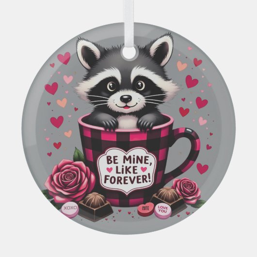 かわいいアライグマのバレンタインバッファロープレイドエステティック ガラスオーナメント (正面)