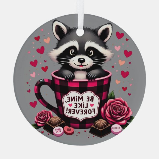 かわいいアライグマのバレンタインバッファロープレイドエステティック ガラスオーナメント (裏面)