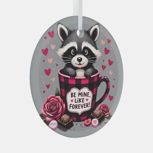 かわいいアライグマのバレンタインバッファロープレイドエステティック ガラスオーナメント (正面右)