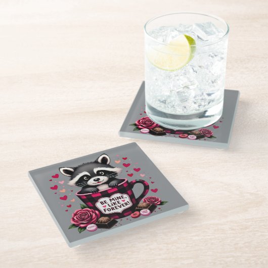かわいいアライグマのバレンタインバッファロープレイドエステティック ガラスコースター (アングル)