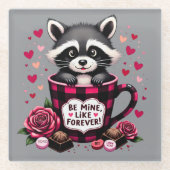 かわいいアライグマのバレンタインバッファロープレイドエステティック ガラスコースター (正面)