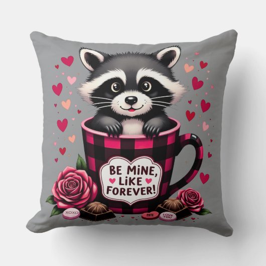 かわいいアライグマのバレンタインバッファロープレイドエステティック クッション (正面)