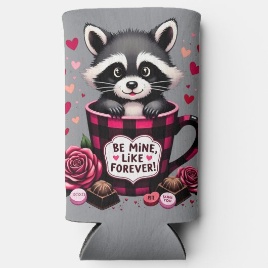 かわいいアライグマのバレンタインバッファロープレイドエステティック スリム缶クーラー (正面)