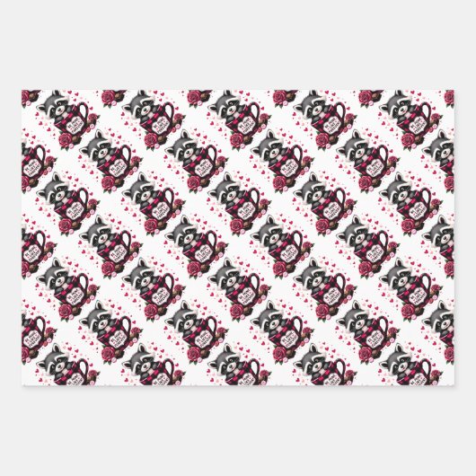 かわいいアライグマのバレンタインバッファロープレイドエステティック ラッピングペーパーシート (正面3)