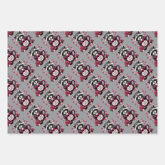 かわいいアライグマのバレンタインバッファロープレイドエステティック ラッピングペーパーシート (正面)