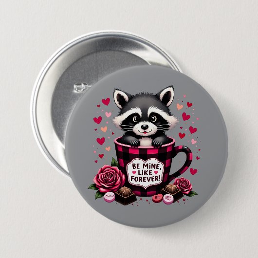 かわいいアライグマのバレンタインバッファロープレイドエステティック 缶バッジ (正面&裏面)