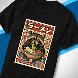 かわいいアライグマのラーメン 和風レトロアート Tシャツ