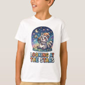 かわいいアライグマの星空観察カートゥーン デザイン Tシャツ (正面)