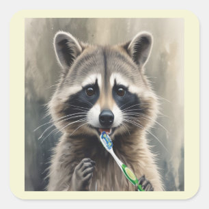 かわいいアライグマの歯磨き 楽しい動物の歯医者さん スクエアシール