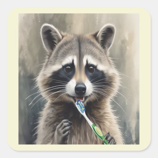 かわいいアライグマの歯磨き 楽しい動物の歯医者さん スクエアシール (正面)