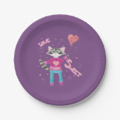 かわいいアライグマの紫色はバレンタインデーのプレートをからかいます ペーパープレート (正面)