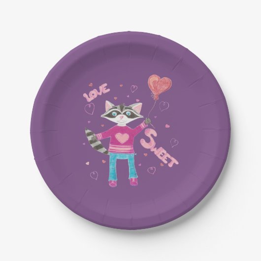 かわいいアライグマの紫色はバレンタインデーのプレートをからかいます ペーパープレート (正面)