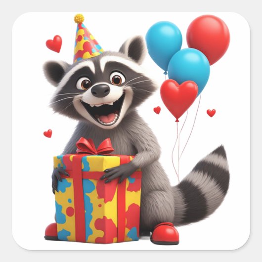 🎁 かわいいアライグマの誕生日パーティーとプレゼント スクエアシール (正面)