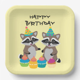 かわいいアライグマの誕生日パーティーライトイエロー ペーパープレート