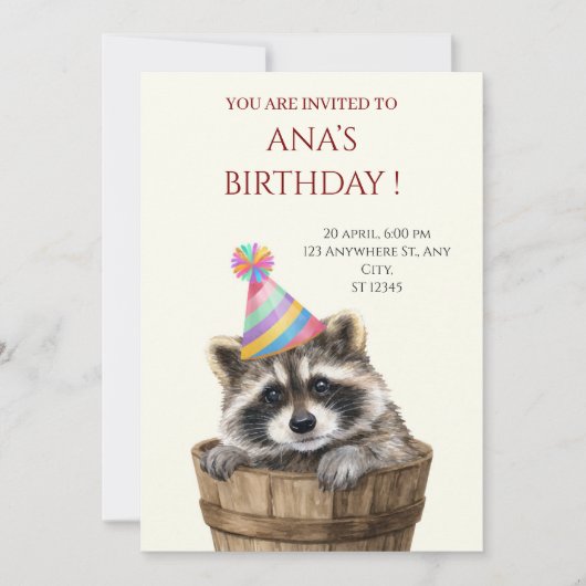 かわいいアライグマの誕生日パーティー招待状 招待状 (正面)