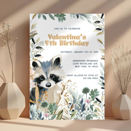 かわいいアライグマの誕生日 森の水彩画 ナチュラル 招待状