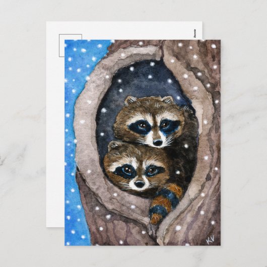 かわいいアライグマの雪のクリスマスの郵便はがき シーズンポストカード (正面/裏面)