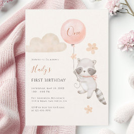 かわいいアライグマの風船の女の子 初めての誕生日  招待状