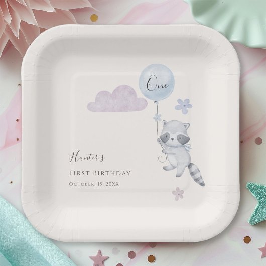 かわいいアライグマの風船の男の子 初めての誕生日 ペーパープレート