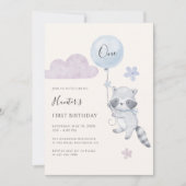 かわいいアライグマの風船の男の子 初めての誕生日  招待状 (正面)