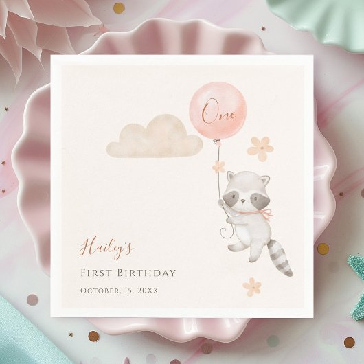 かわいいアライグマの風船ガール 初誕生日 スタンダードカクテルナプキン