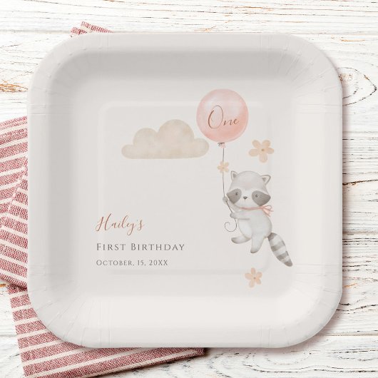 かわいいアライグマの風船ガール 初誕生日 ペーパープレート