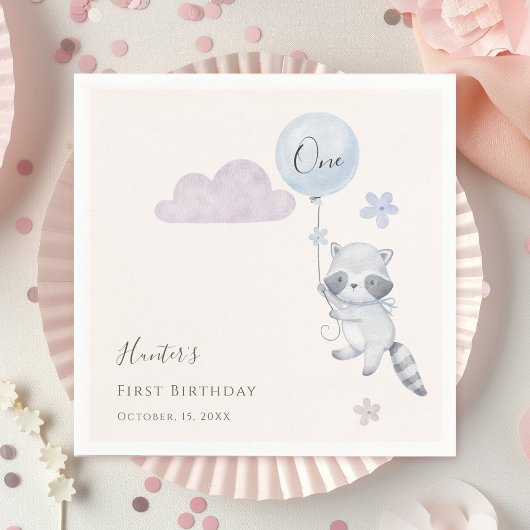 かわいいアライグマの風船飛行 初めての誕生日 スタンダードカクテルナプキン