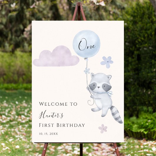 かわいいアライグマの風船 初誕生日ウェルカム ポスター