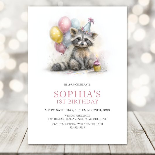 かわいいアライグマの1歳の誕生日パーティー 招待状