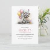 かわいいアライグマの1歳の誕生日パーティー 招待状 (スタンド正面)