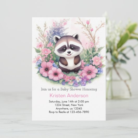 かわいいアライグマ水色ピンクの女の子ベビーシャワー 招待状 (スタンド正面)