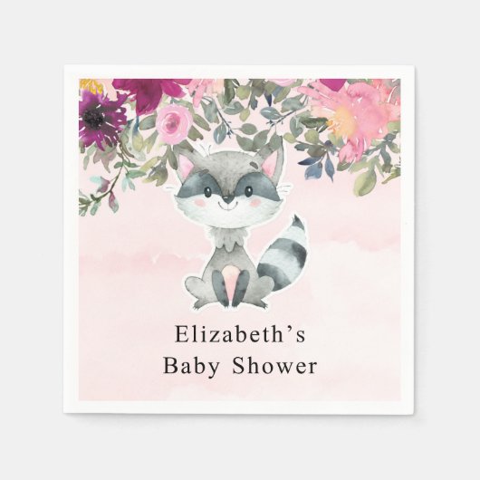 かわいいアライグマ水色フローラ赤ちゃんシャワー スタンダードカクテルナプキン (正面)