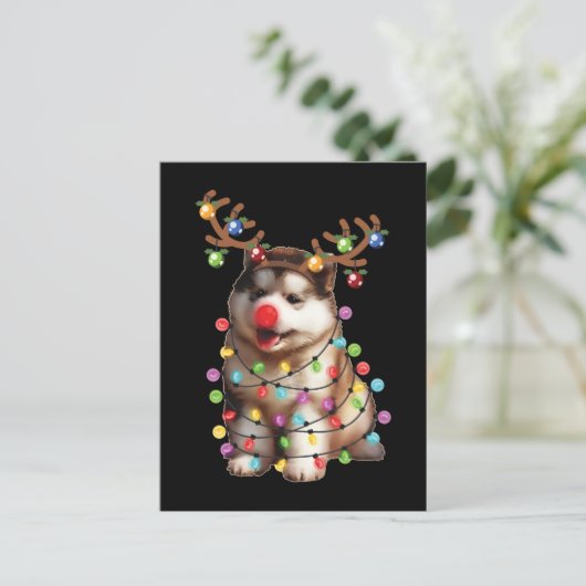 かわいいアラスカンマラムートドッグクリスマスホリデーギフト ポストカード (スタンド正面)