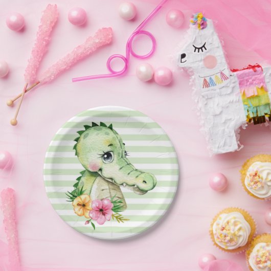 かわいいアリゲーターウォーターカラーフラワーベビーシャワーパップ ペーパープレート (パーティー)