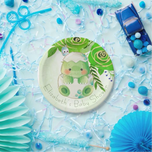 かわいいアリゲーターグリーン金ゴールド花赤ちゃんシャワー ペーパープレート (パーティー)