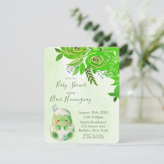 かわいいアリゲーターグリーン金ゴールド花赤ちゃんシャワー 招待状 (スタンド正面)