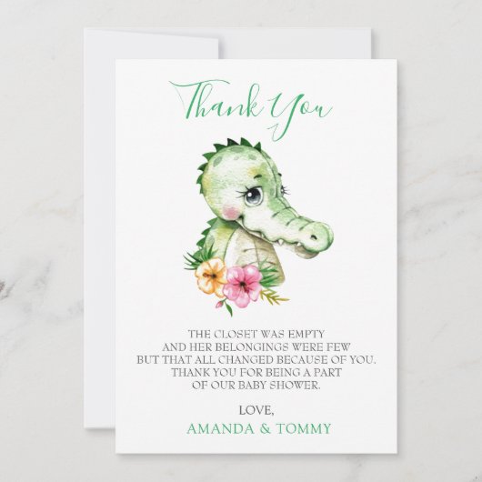 かわいいアリゲーターハイビスカスベビーシャワーありがとう サンキューカード (正面)