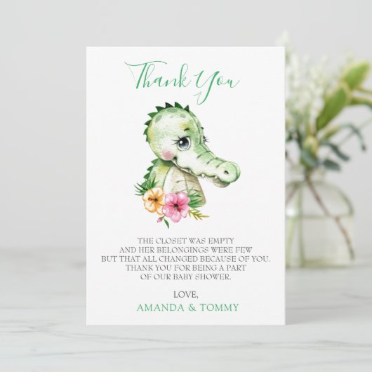 かわいいアリゲーターハイビスカスベビーシャワーありがとう サンキューカード (スタンド正面)