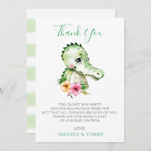 かわいいアリゲーターハイビスカスベビーシャワーありがとう サンキューカード (正面/裏面)