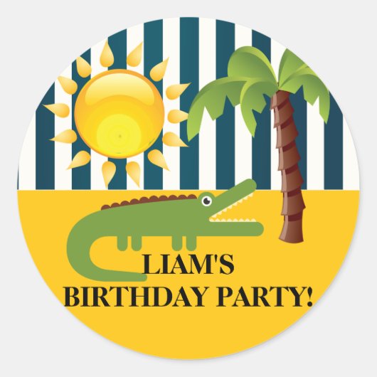 かわいいアリゲーターブルーグリーンイエロー誕生日ステッカー ラウンドシール (正面)
