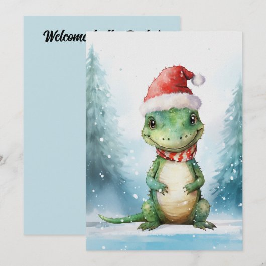 かわいいアリゲーター 冬 クリスマス 水彩画 招待状 (正面/裏面)