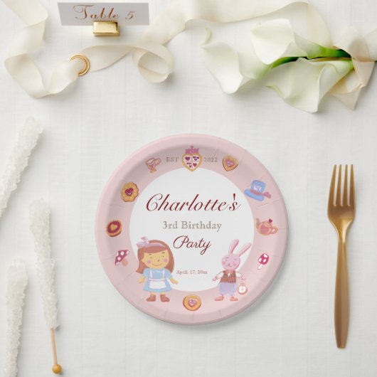 かわいいアリスのお茶パーティーピンク誕生日ピンク ペーパープレート (ウェディング)